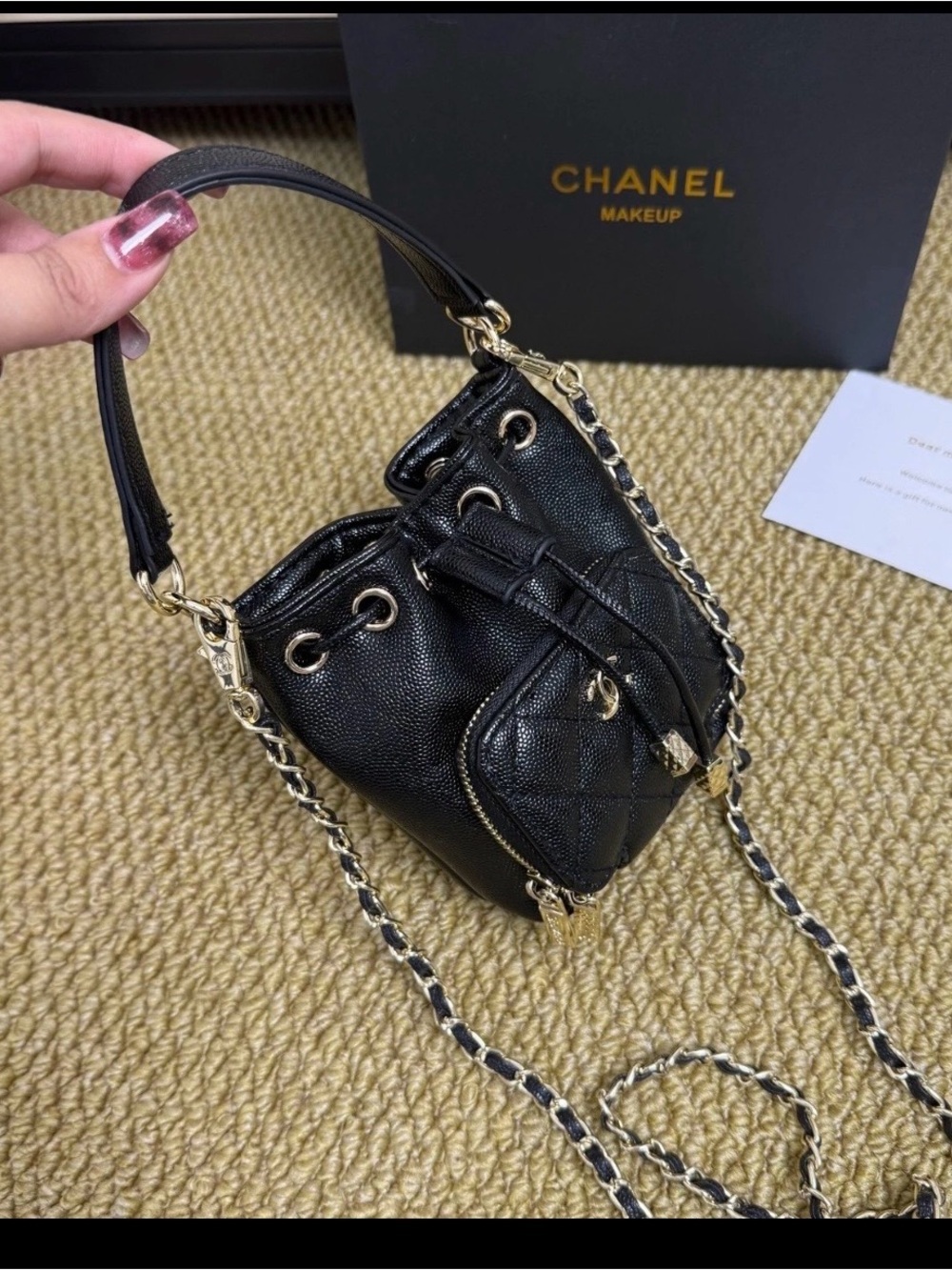 Make up Black Quilted Bucket Bag with Gold Hardware